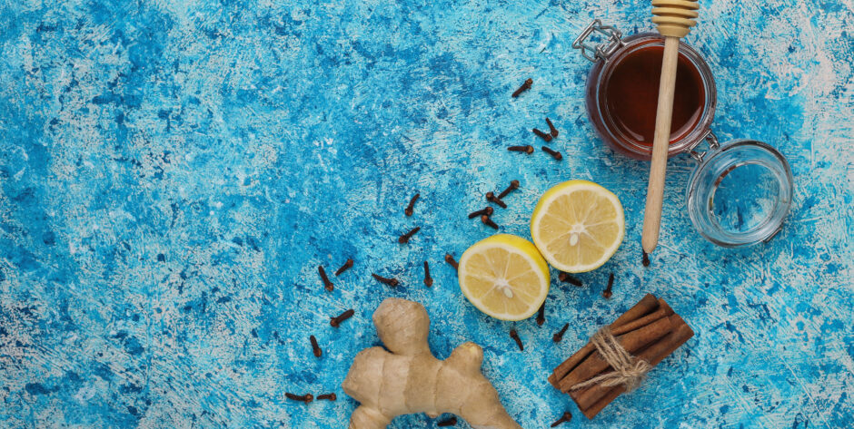 Background with ingredients: fresh ginger ,lemon,cinnamon sticks